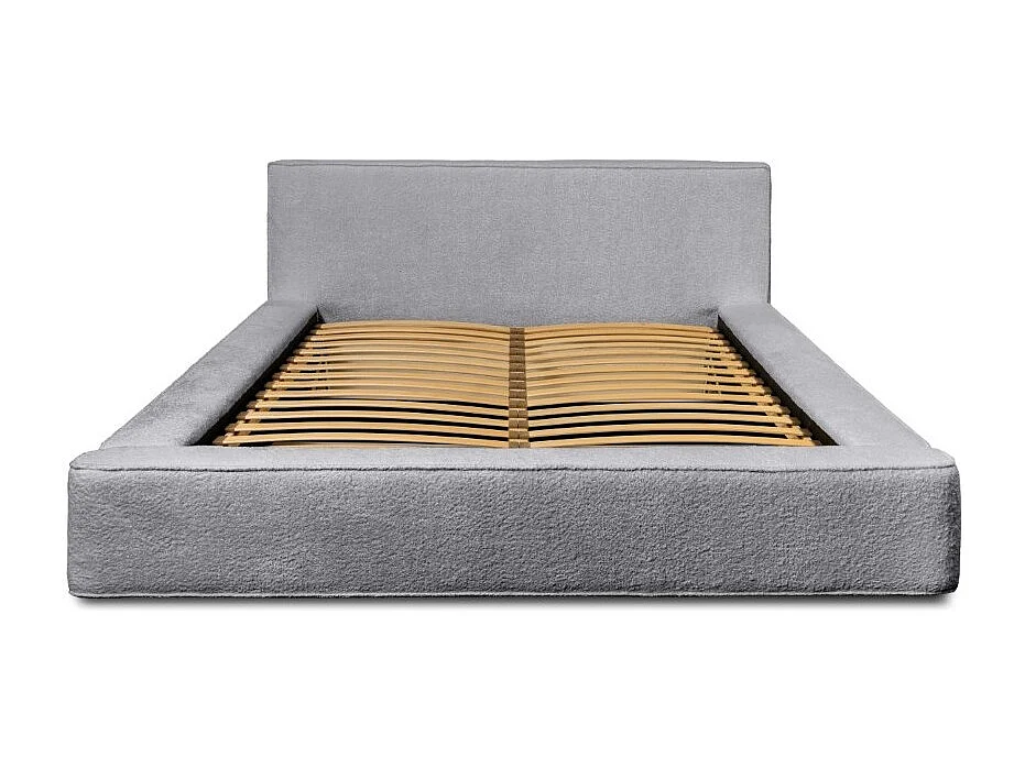 Lit coffre DENALI – Cinza pérola bouclé – 140x200 cm – Tecido de veludo suave – Estrado elevatório – Armazenamento integrado