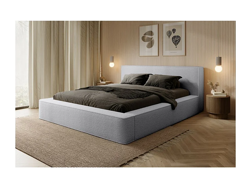 Lit coffre DENALI – Cinza pérola bouclé – 140x200 cm – Tecido de veludo suave – Estrado elevatório – Armazenamento integrado