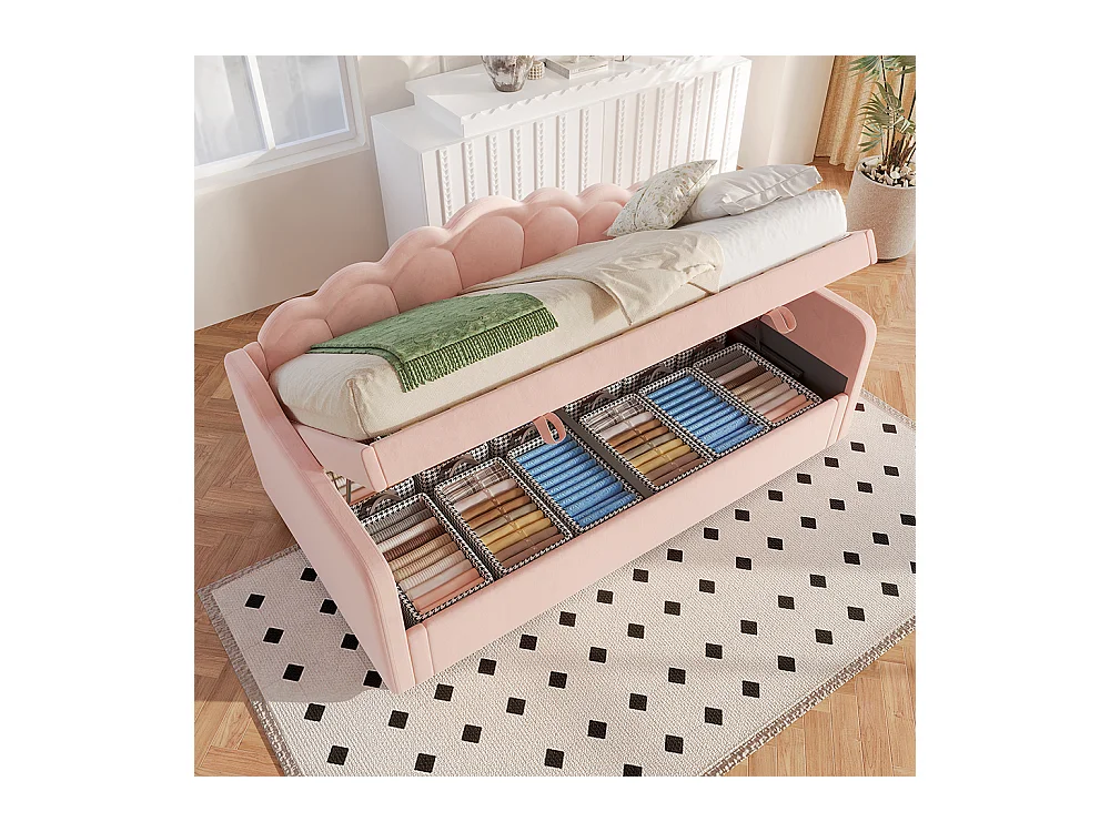 Sofá-cama hidráulico 90x200 cm, com espaço de arrumação, veludo, fita LED que muda de cor, cor-de-rosa