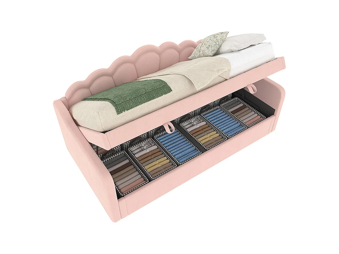 Sofá-cama hidráulico 90x200 cm, com espaço de arrumação, veludo, fita LED que muda de cor, cor-de-rosa