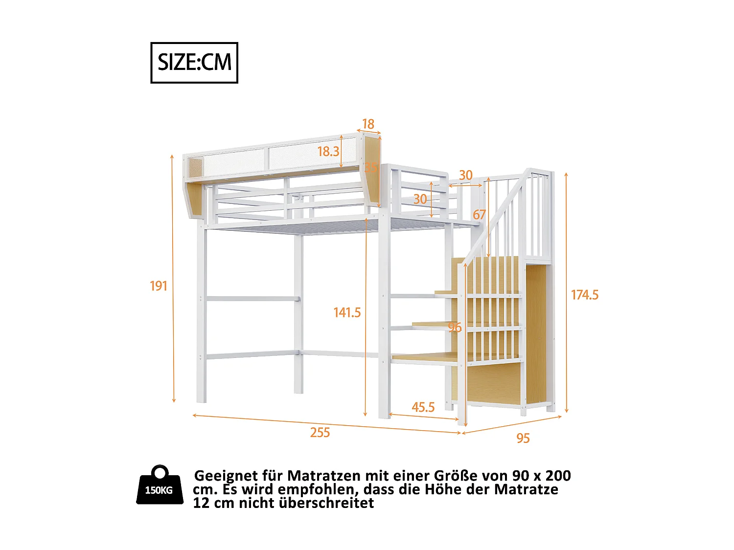 Lit mezzanine pour enfant - 90 x 200 cm - avec escalier de rangement + armoire - MDF + Métal - blanc