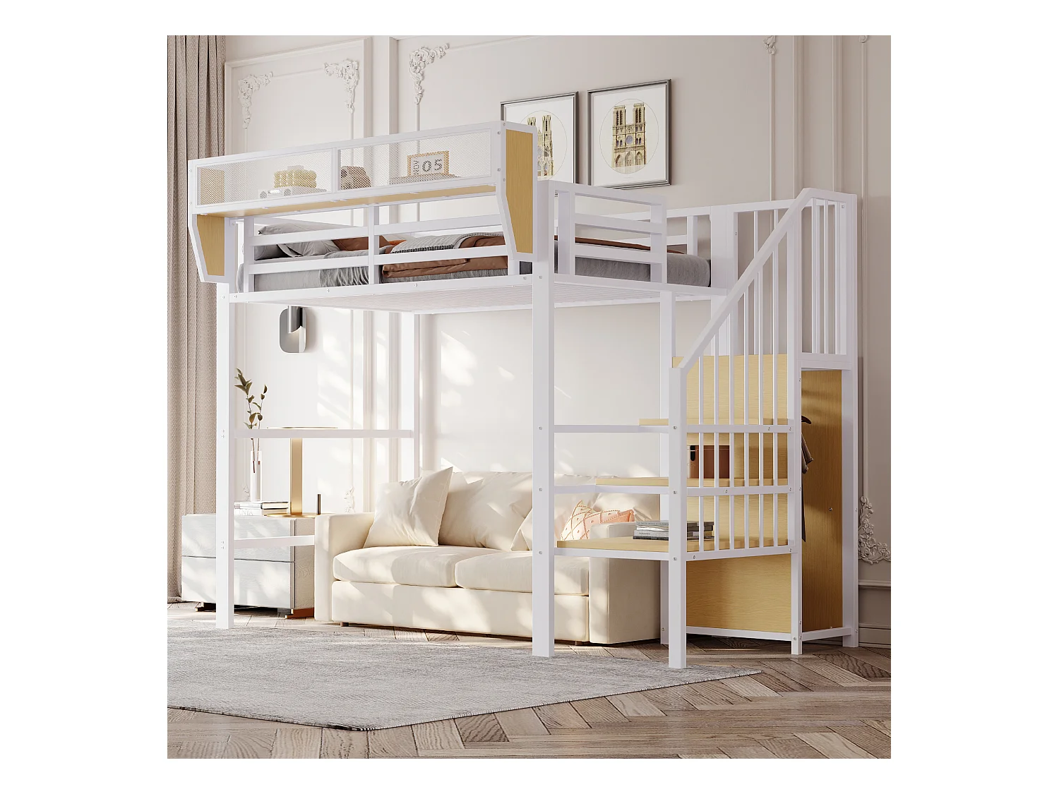 Cama alta para criança - 90 x 200 cm - com escada de arrumação + roupeiro - MDF + Metal - branco