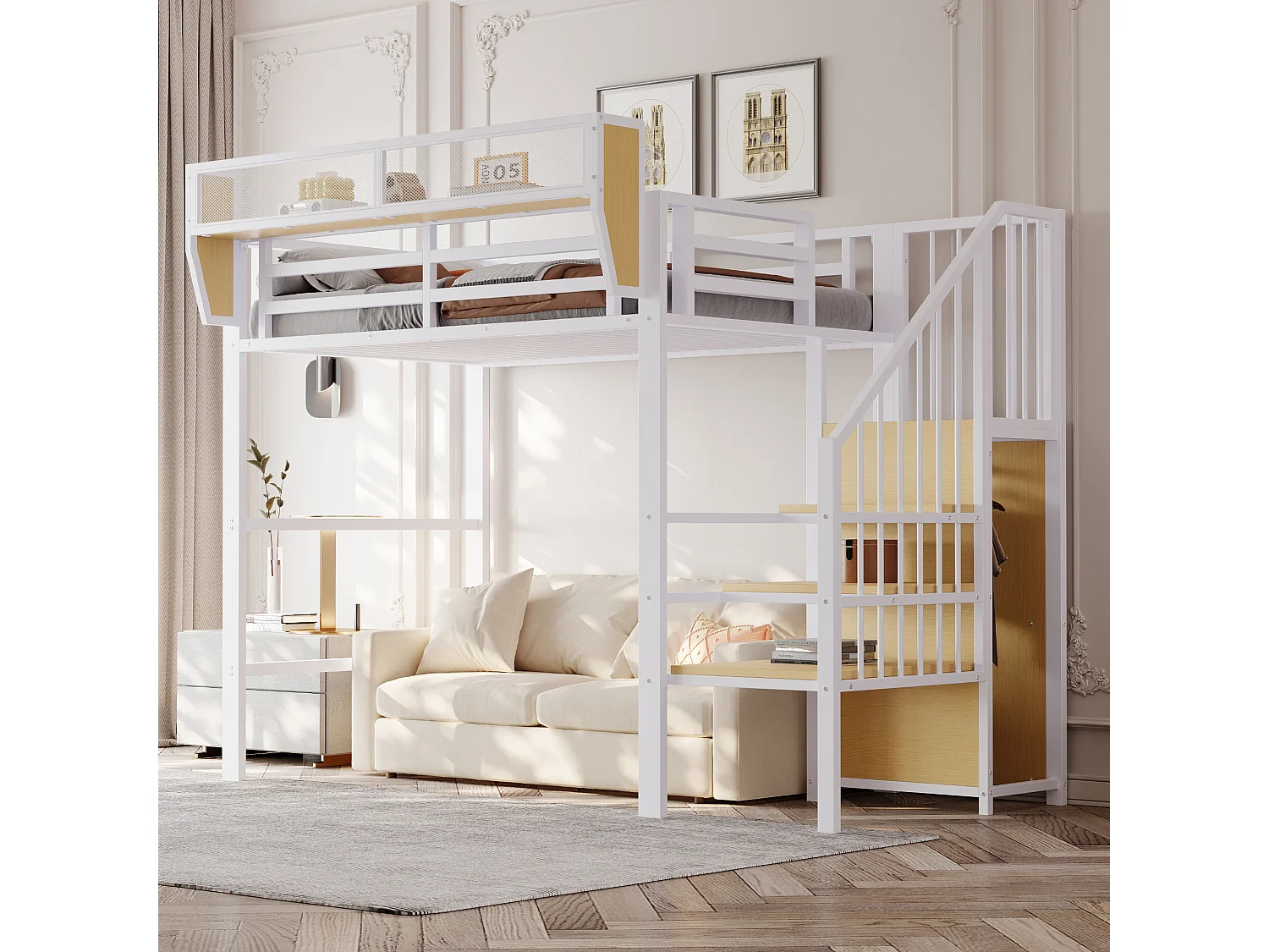 Cama alta infantil - 90 x 200 cm - con escalera de almacenaje + armario - MDF + Metal - blanco