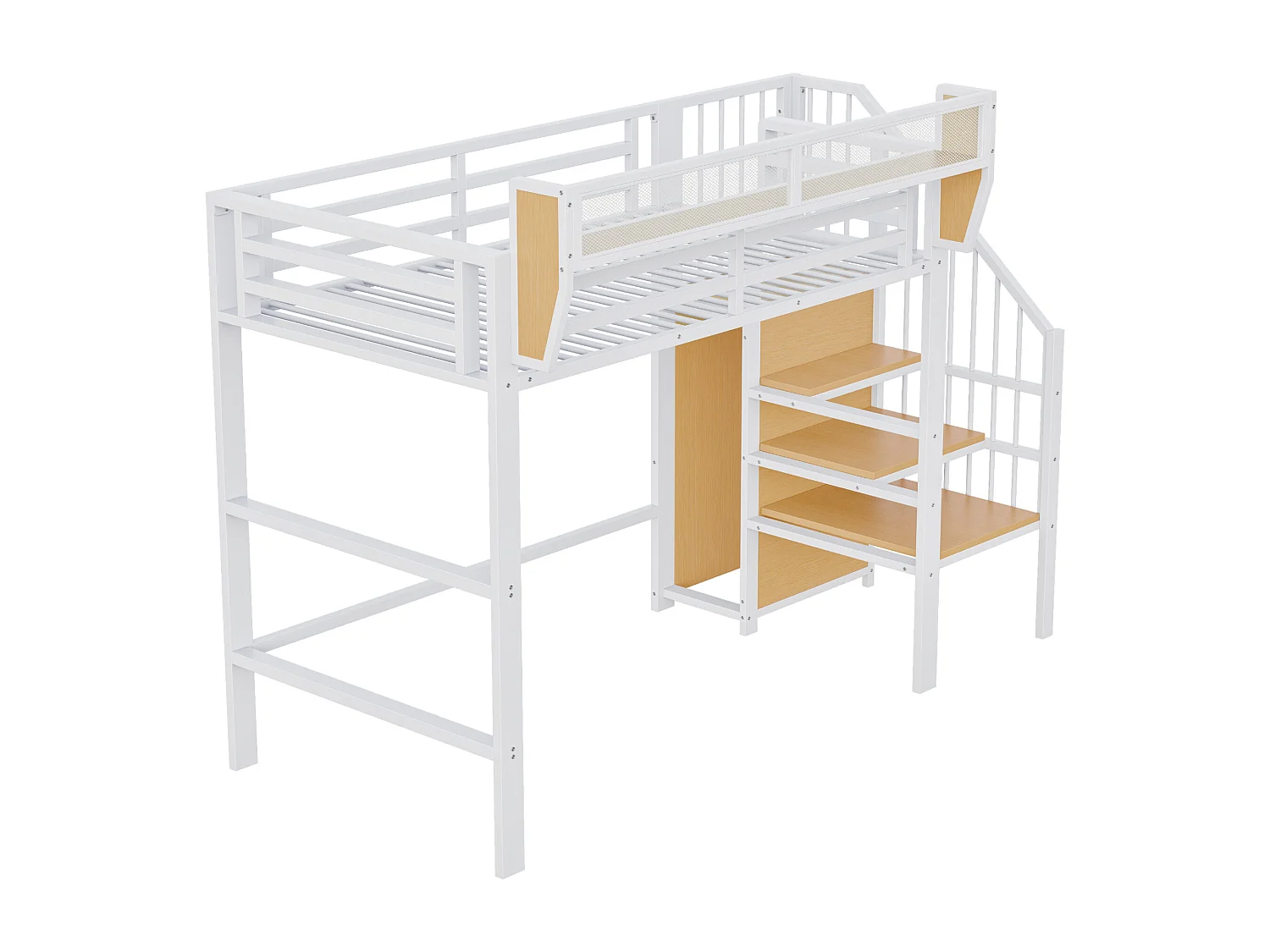 Cama alta infantil - 90 x 200 cm - con escalera de almacenaje + armario - MDF + Metal - blanco