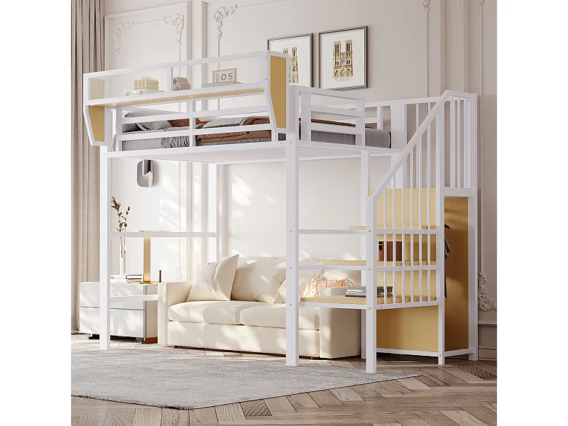 Cama alta para criança - 90 x 200 cm - com escada de arrumação + roupeiro - MDF + Metal - branco