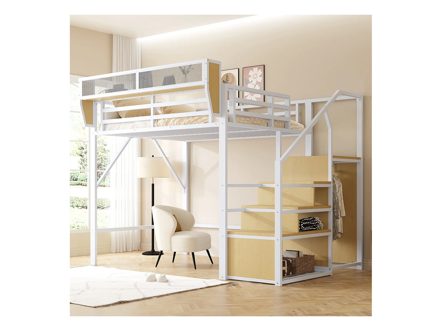 Lit mezzanine pour enfant - 140 x 200 cm - avec escalier de rangement + armoire - MDF + Métal - blanc