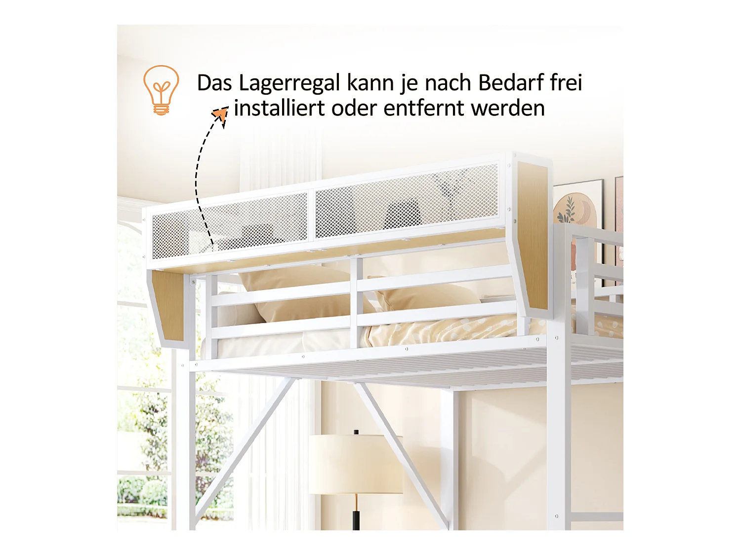 Lit mezzanine pour enfant - 140 x 200 cm - avec escalier de rangement + armoire - MDF + Métal - blanc