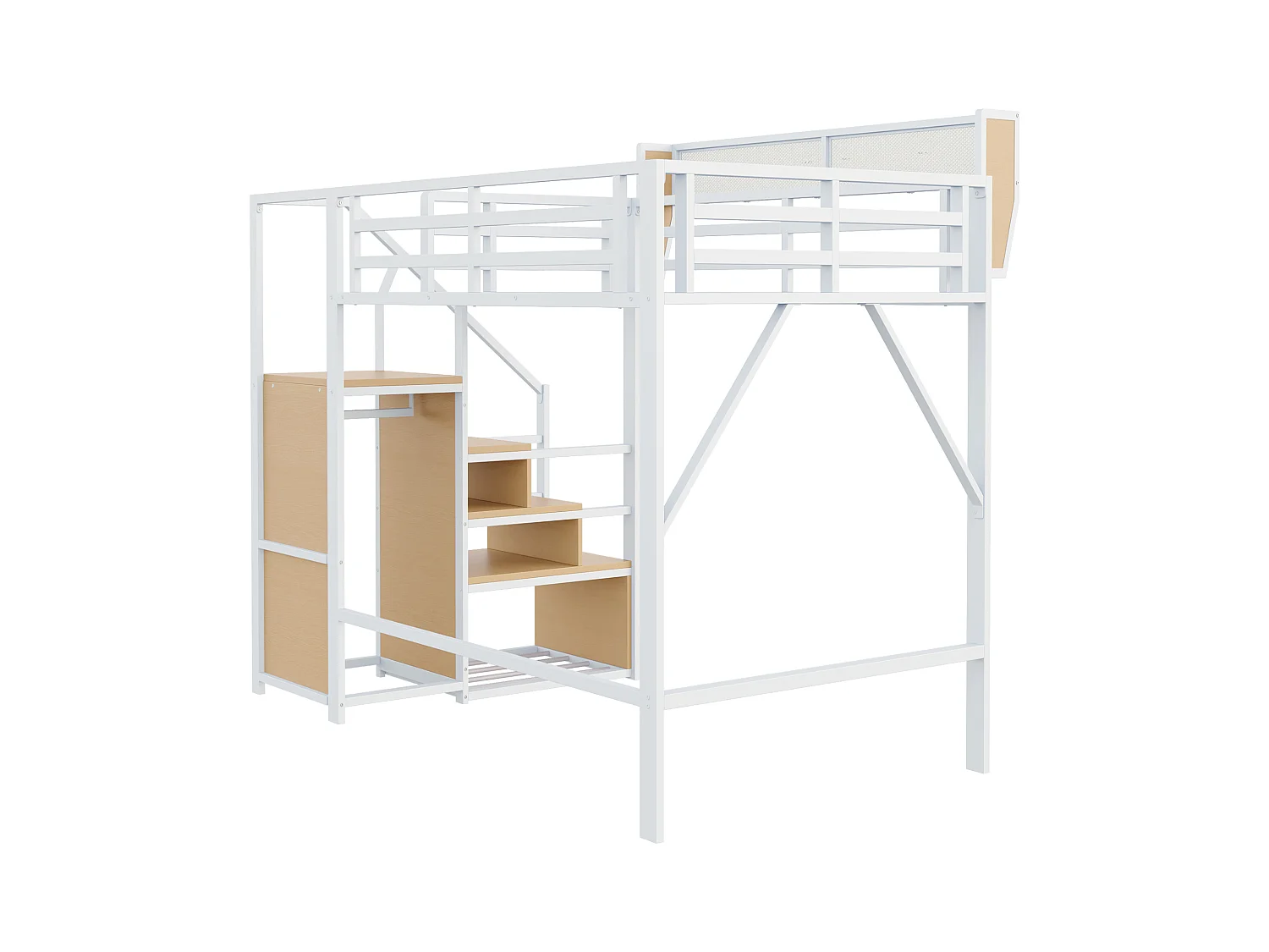 Lit mezzanine pour enfant - 140 x 200 cm - avec escalier de rangement + armoire - MDF + Métal - blanc