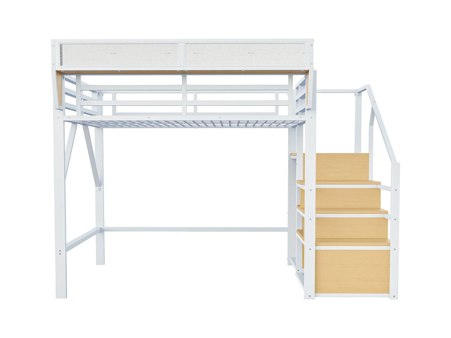 Lit mezzanine pour enfant - 140 x 200 cm - avec escalier de rangement + armoire - MDF + Métal - blanc
