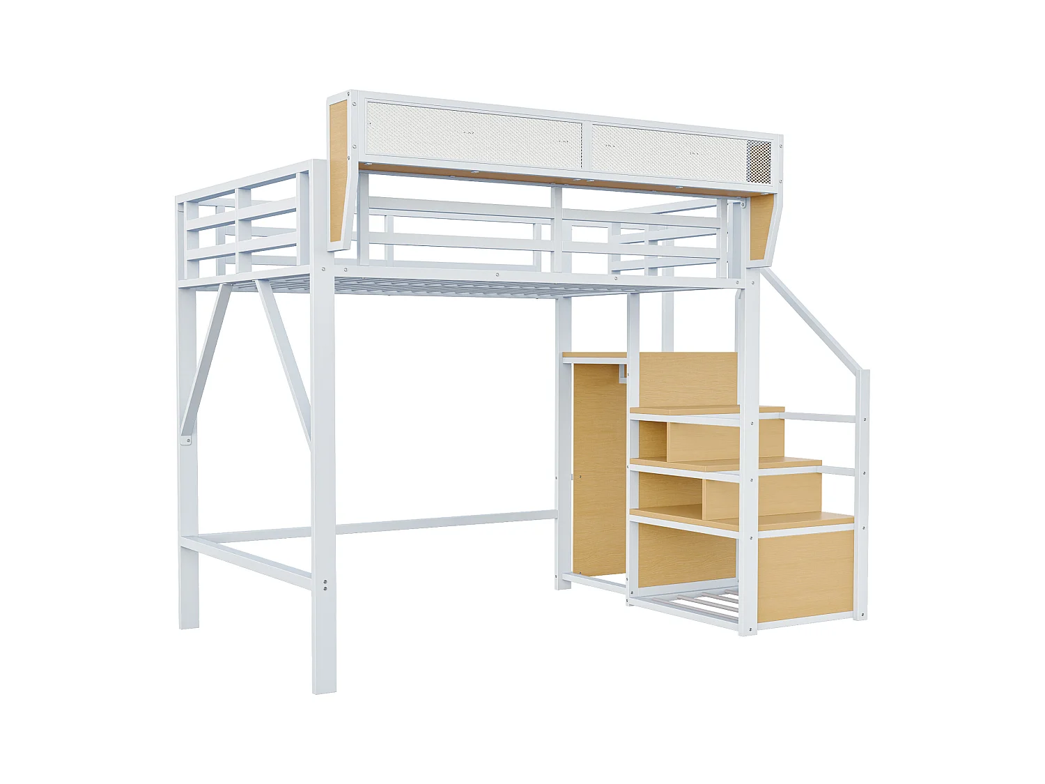 Lit mezzanine pour enfant - 140 x 200 cm - avec escalier de rangement + armoire - MDF + Métal - blanc