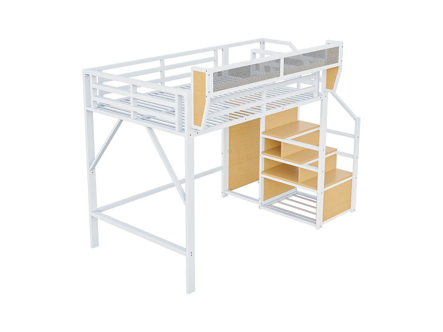 Lit mezzanine pour enfant - 140 x 200 cm - avec escalier de rangement + armoire - MDF + Métal - blanc