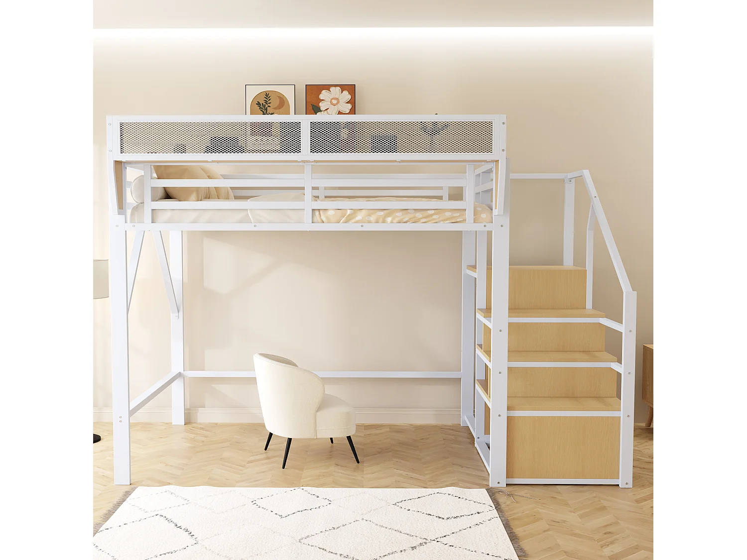Lit mezzanine pour enfant - 140 x 200 cm - avec escalier de rangement + armoire - MDF + Métal - blanc