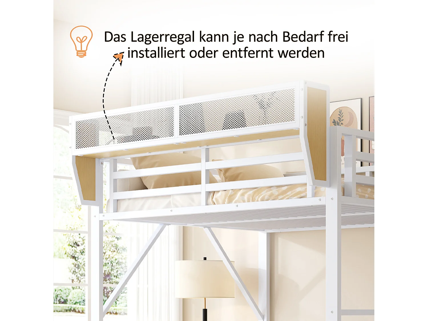 Lit mezzanine pour enfant - 140 x 200 cm - avec escalier de rangement + armoire - MDF + Métal - blanc