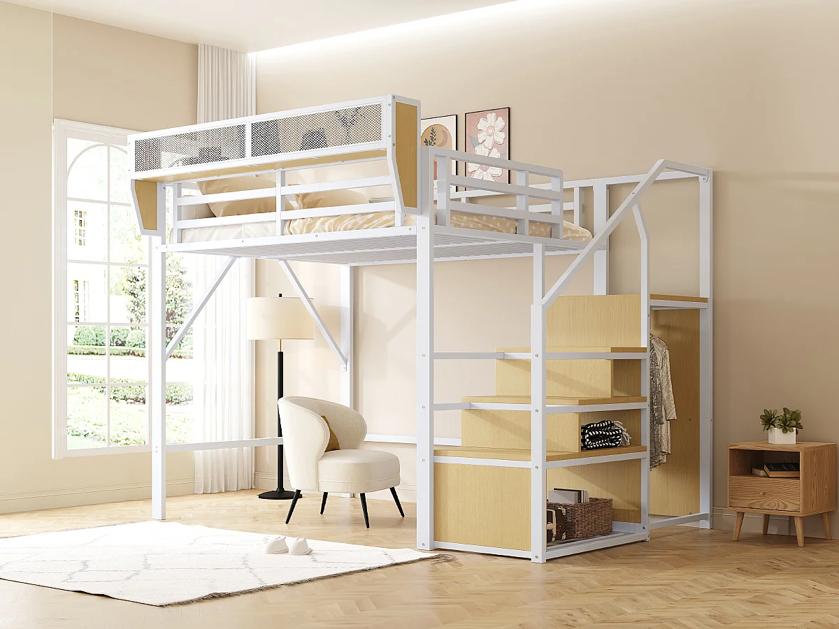 Lit mezzanine pour enfant - 140 x 200 cm - avec escalier de rangement + armoire - MDF + Métal - blanc