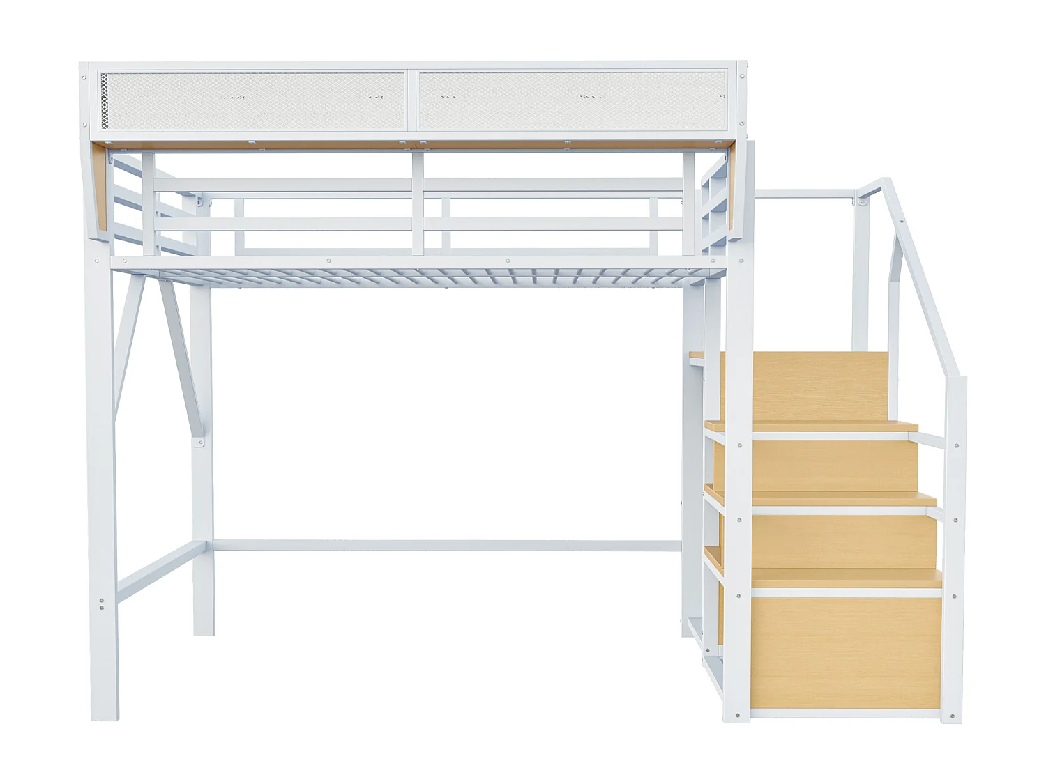 Lit mezzanine pour enfant - 140 x 200 cm - avec escalier de rangement + armoire - MDF + Métal - blanc