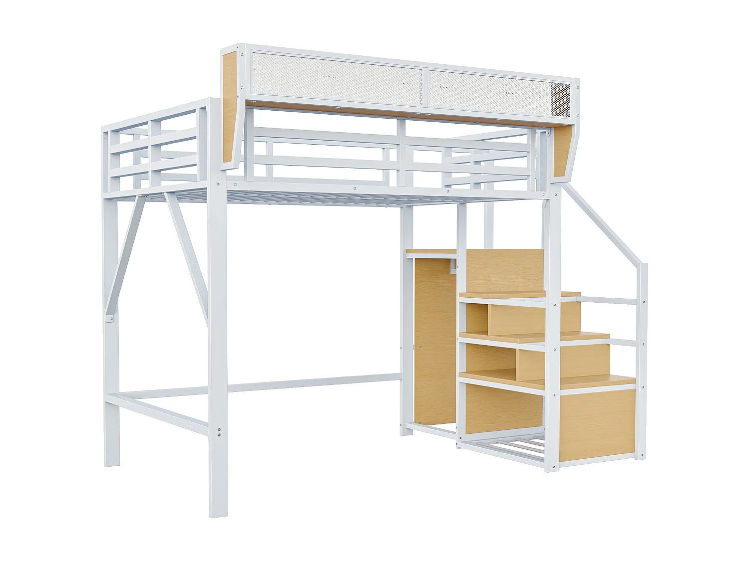 Lit mezzanine pour enfant - 140 x 200 cm - avec escalier de rangement + armoire - MDF + Métal - blanc