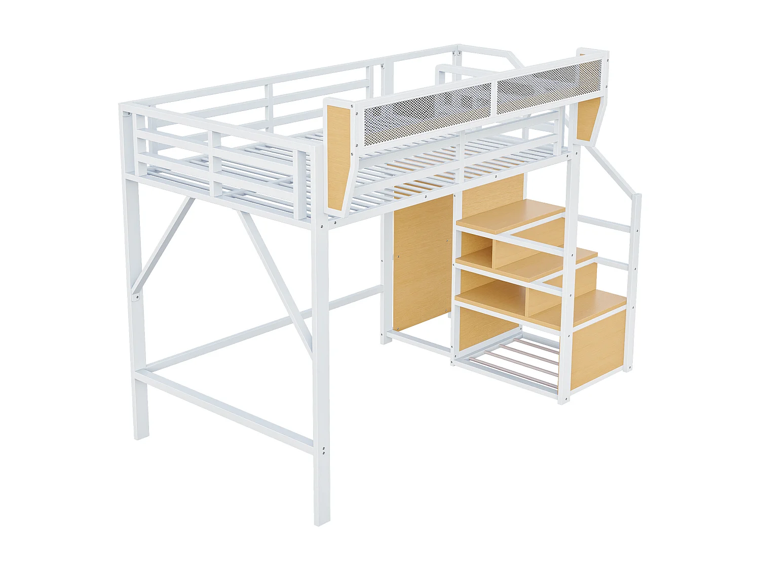 Lit mezzanine pour enfant - 140 x 200 cm - avec escalier de rangement + armoire - MDF + Métal - blanc