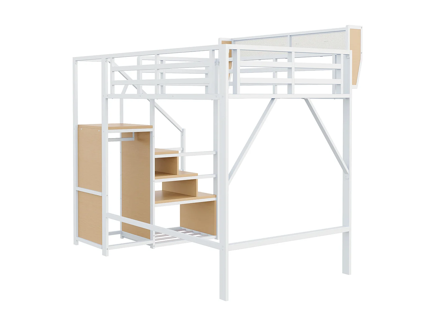 Lit mezzanine pour enfant - 140 x 200 cm - avec escalier de rangement + armoire - MDF + Métal - blanc