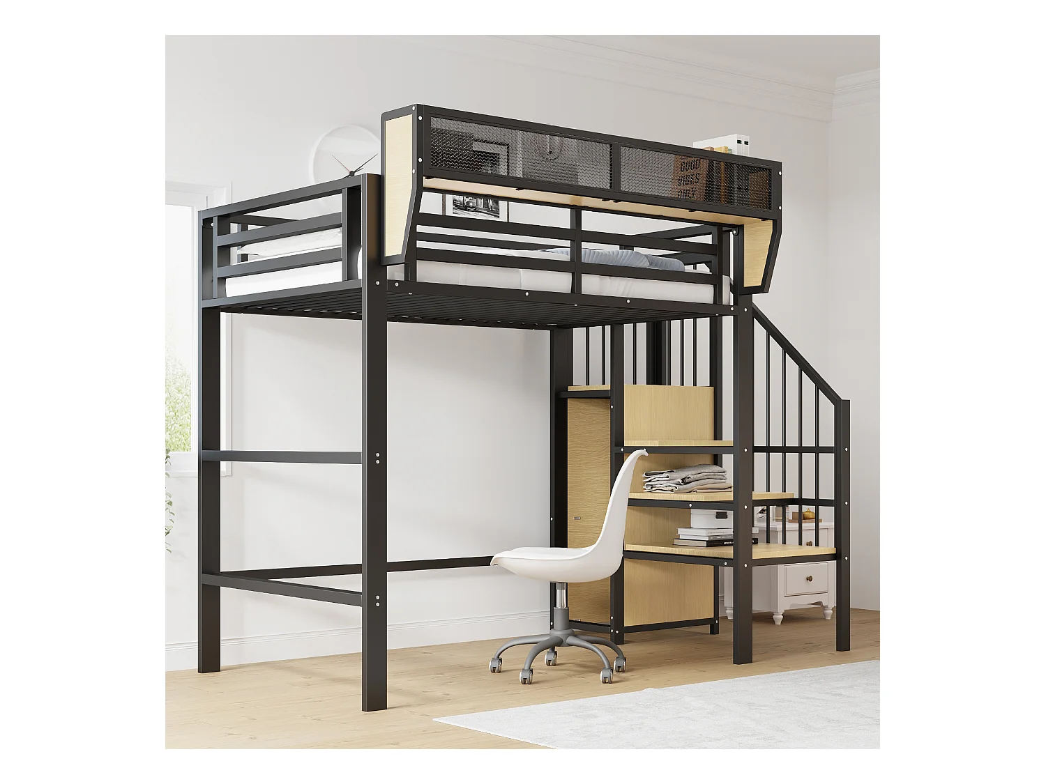 Lit mezzanine pour enfant - 90 x 200 cm - avec escalier de rangement + armoire - MDF + Métal - noir