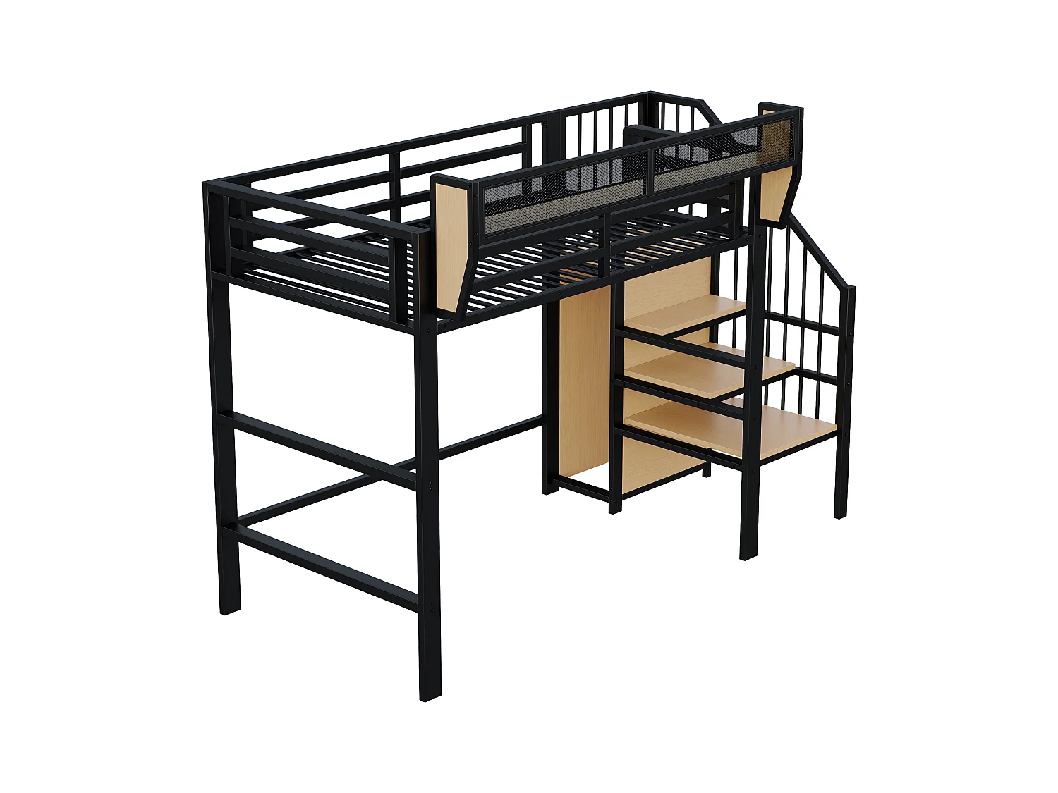 Lit mezzanine pour enfant - 90 x 200 cm - avec escalier de rangement + armoire - MDF + Métal - noir