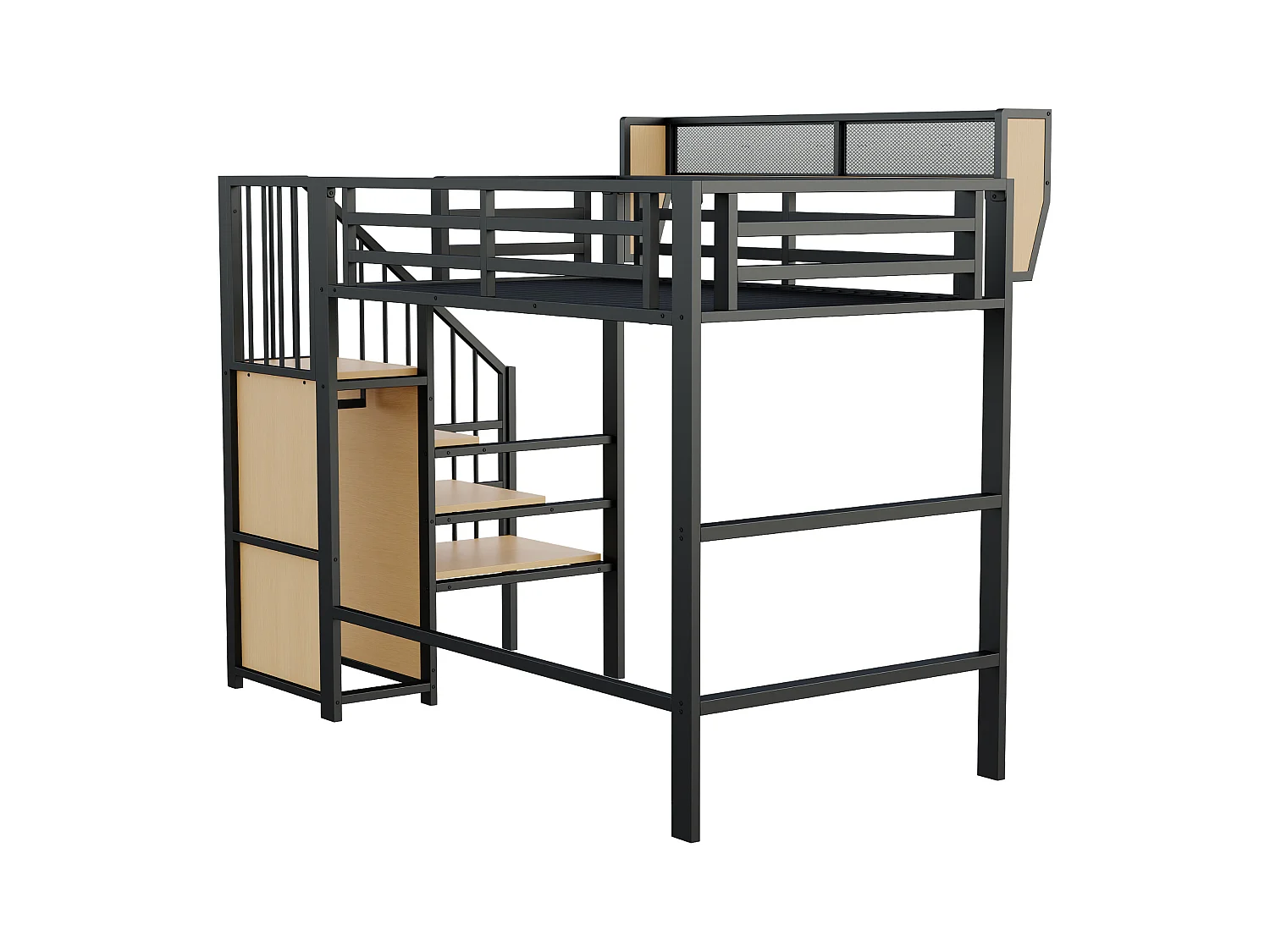 Lit mezzanine pour enfant - 90 x 200 cm - avec escalier de rangement + armoire - MDF + Métal - noir