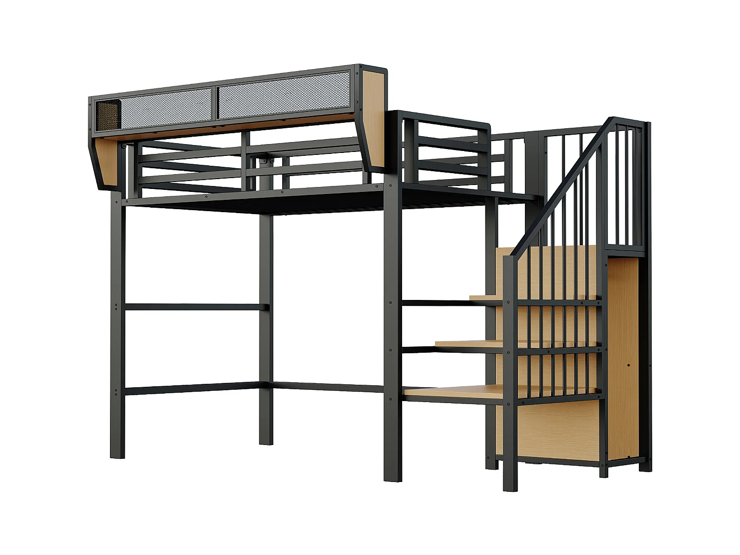 Lit mezzanine pour enfant - 90 x 200 cm - avec escalier de rangement + armoire - MDF + Métal - noir