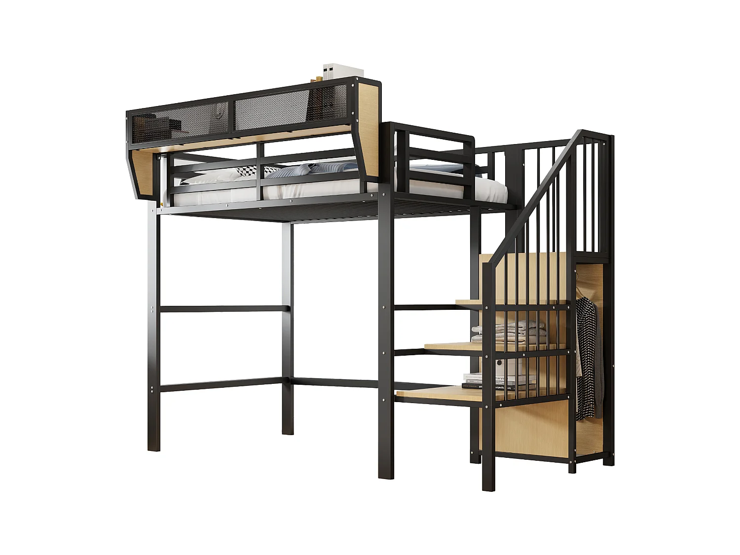 Lit mezzanine pour enfant - 90 x 200 cm - avec escalier de rangement + armoire - MDF + Métal - noir