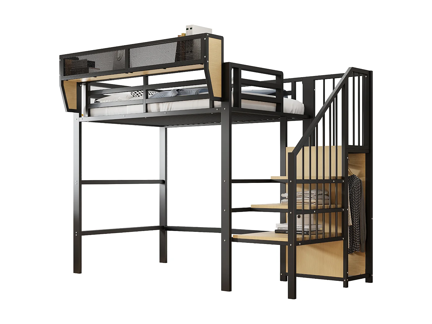 Lit mezzanine pour enfant - 90 x 200 cm - avec escalier de rangement + armoire - MDF + Métal - noir