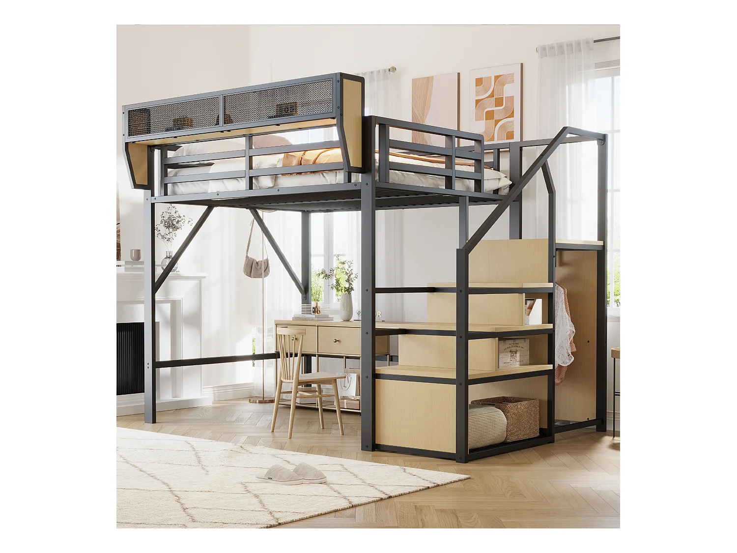 Lit mezzanine pour enfant - 140 x 200 cm - avec escalier de rangement + armoire - MDF + Métal - noir
