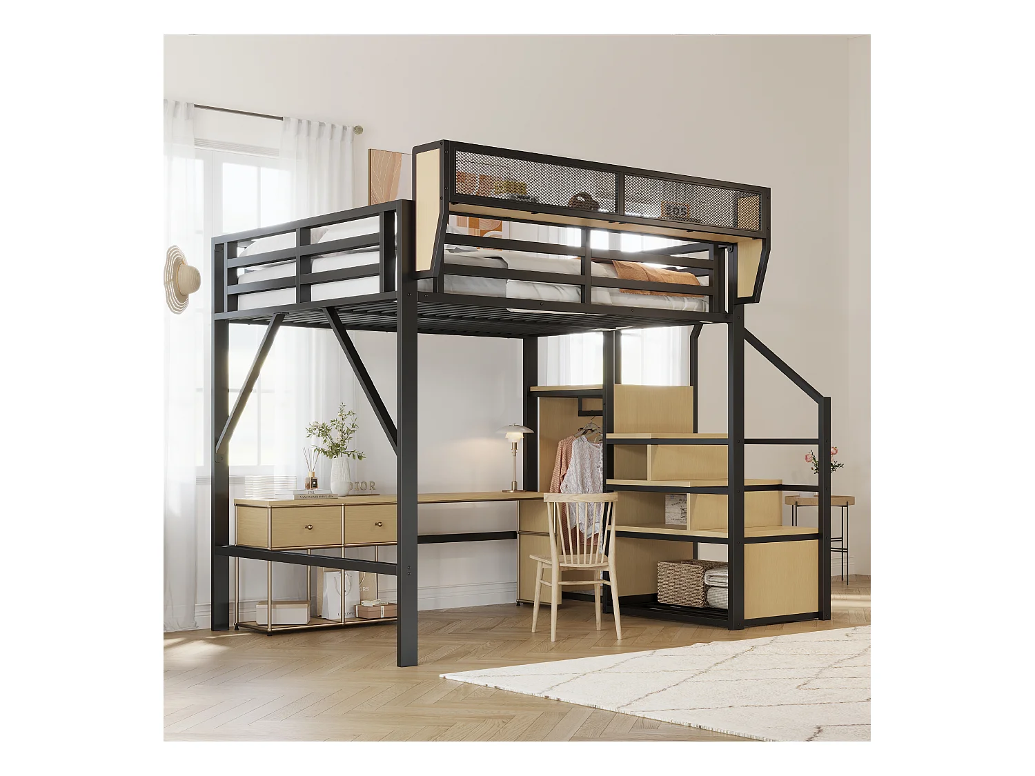 Lit mezzanine pour enfant - 140 x 200 cm - avec escalier de rangement + armoire - MDF + Métal - noir