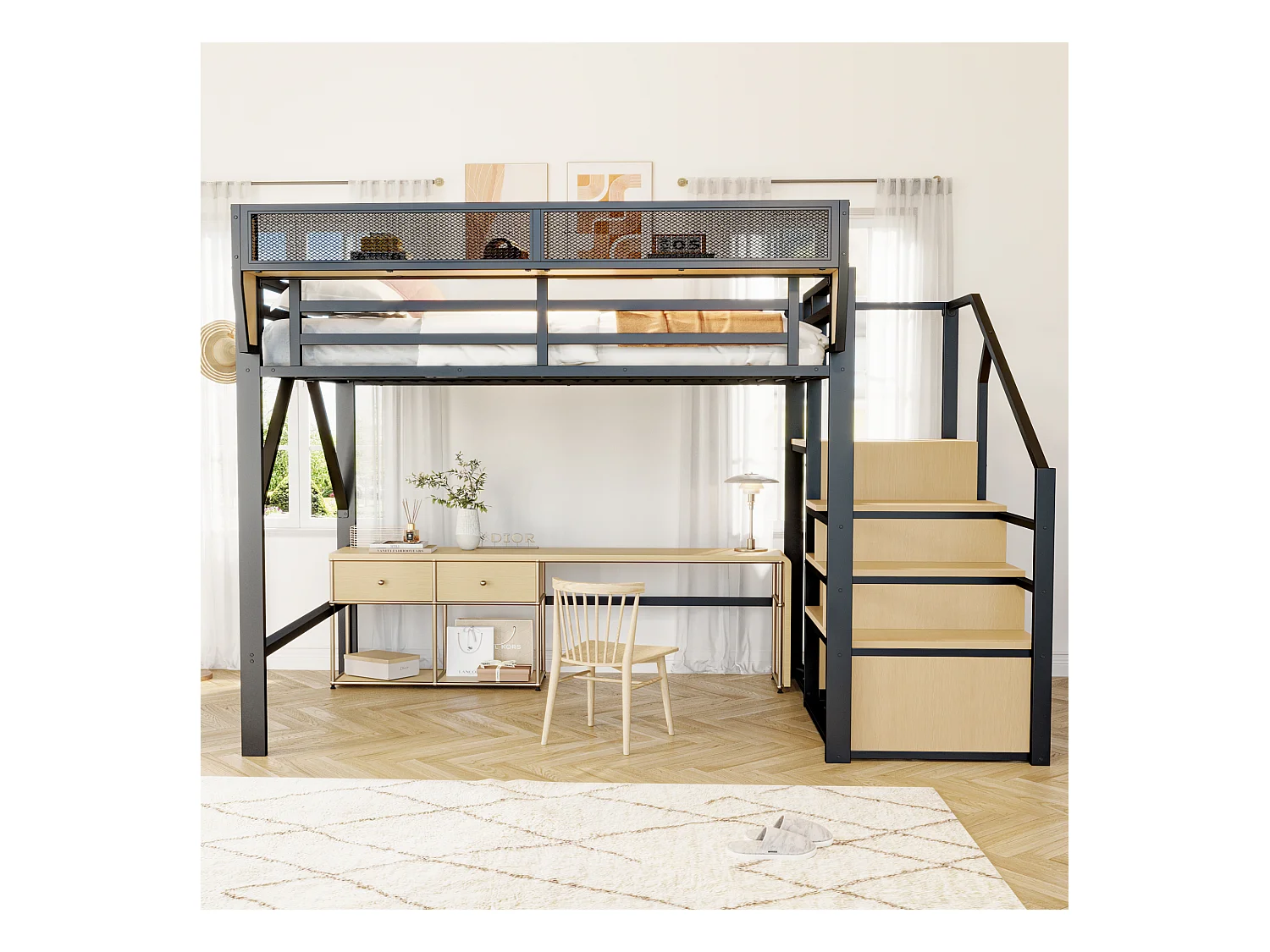 Lit mezzanine pour enfant - 140 x 200 cm - avec escalier de rangement + armoire - MDF + Métal - noir