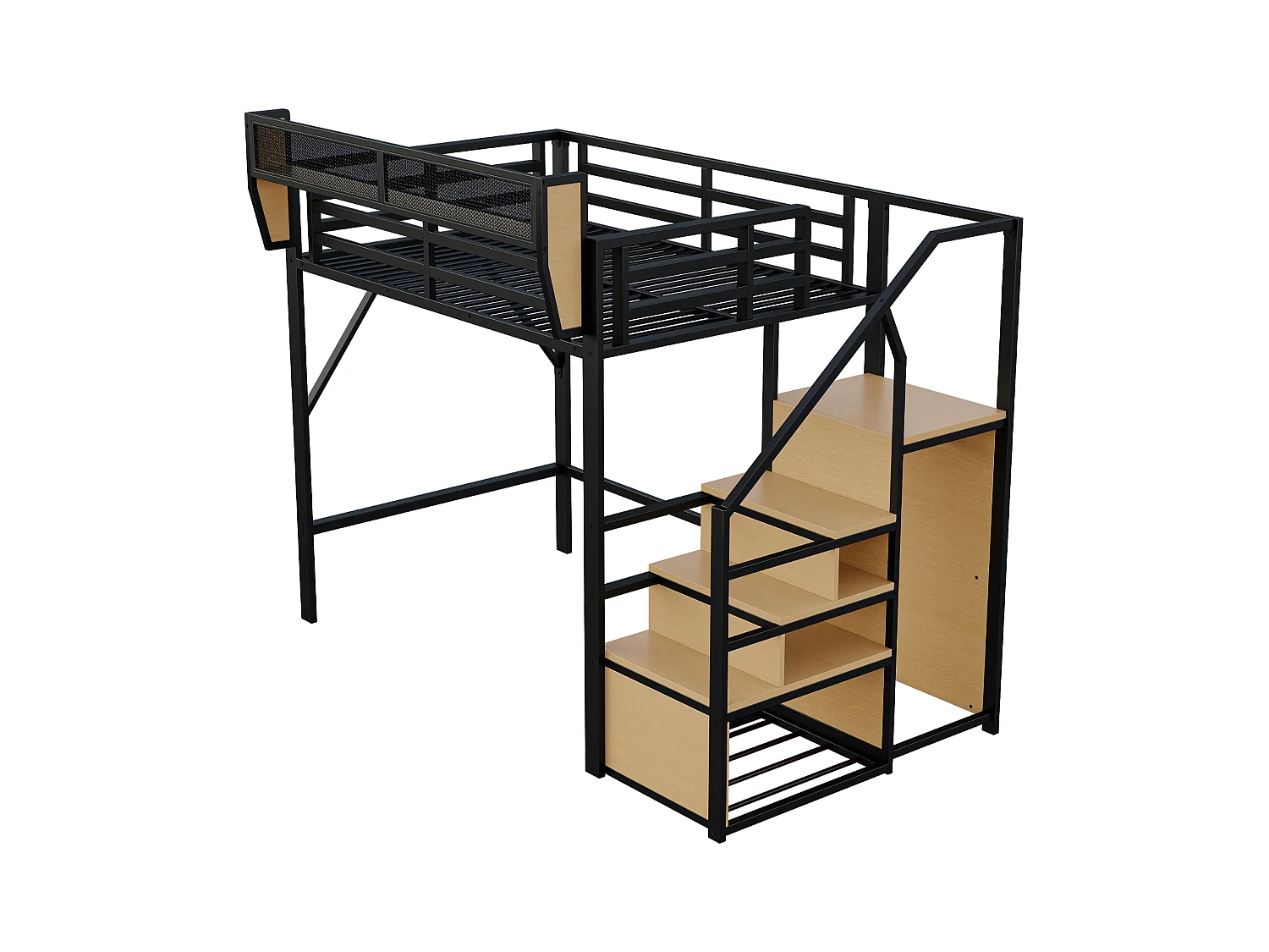 Lit mezzanine pour enfant - 140 x 200 cm - avec escalier de rangement + armoire - MDF + Métal - noir