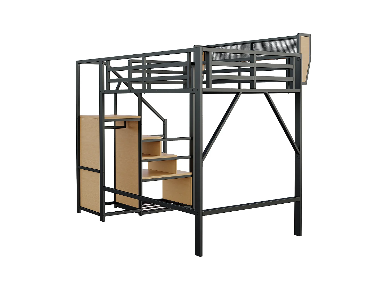Lit mezzanine pour enfant - 140 x 200 cm - avec escalier de rangement + armoire - MDF + Métal - noir
