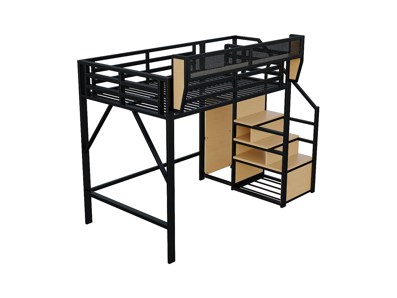 Lit mezzanine pour enfant - 140 x 200 cm - avec escalier de rangement + armoire - MDF + Métal - noir