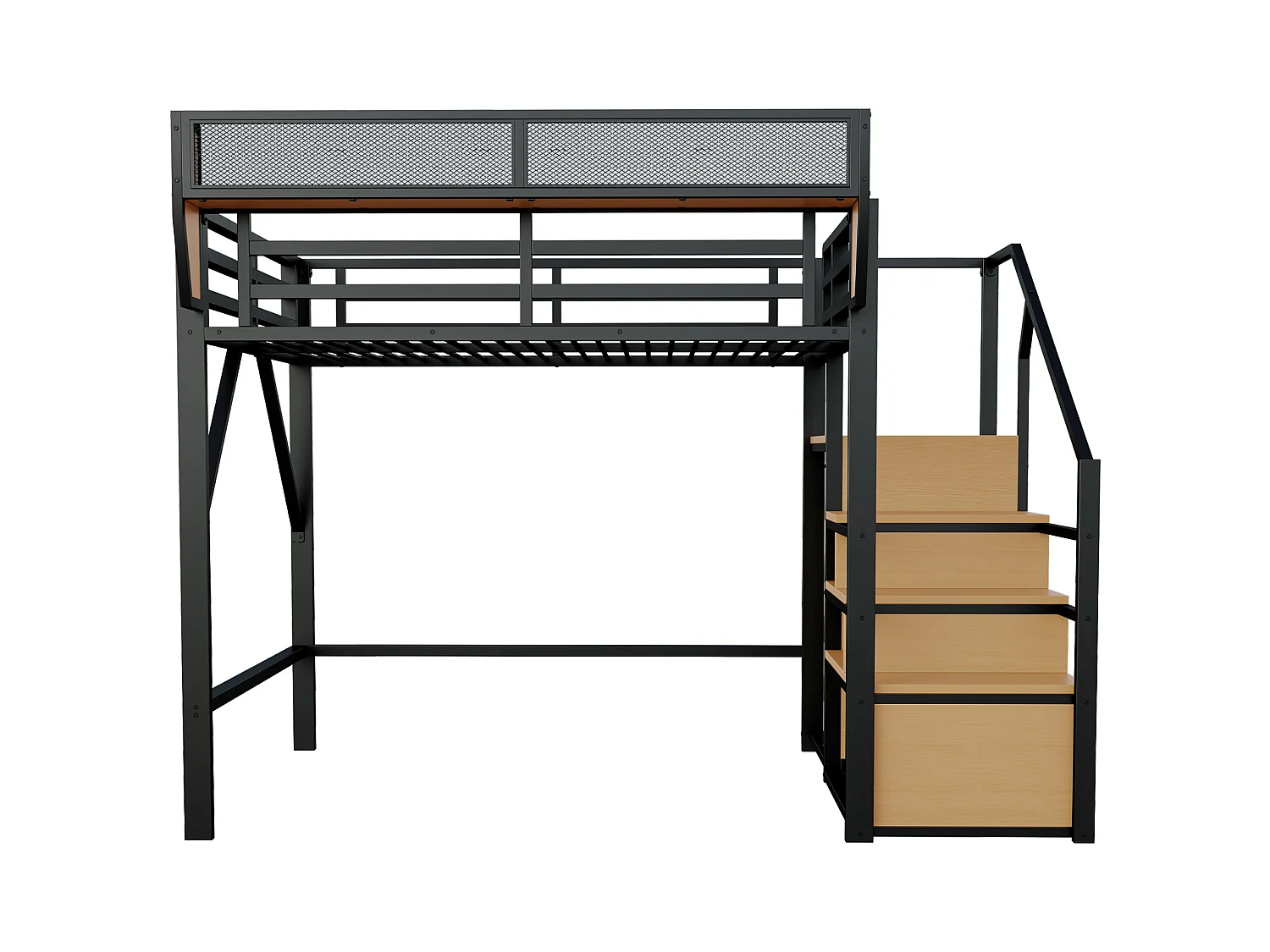 Lit mezzanine pour enfant - 140 x 200 cm - avec escalier de rangement + armoire - MDF + Métal - noir