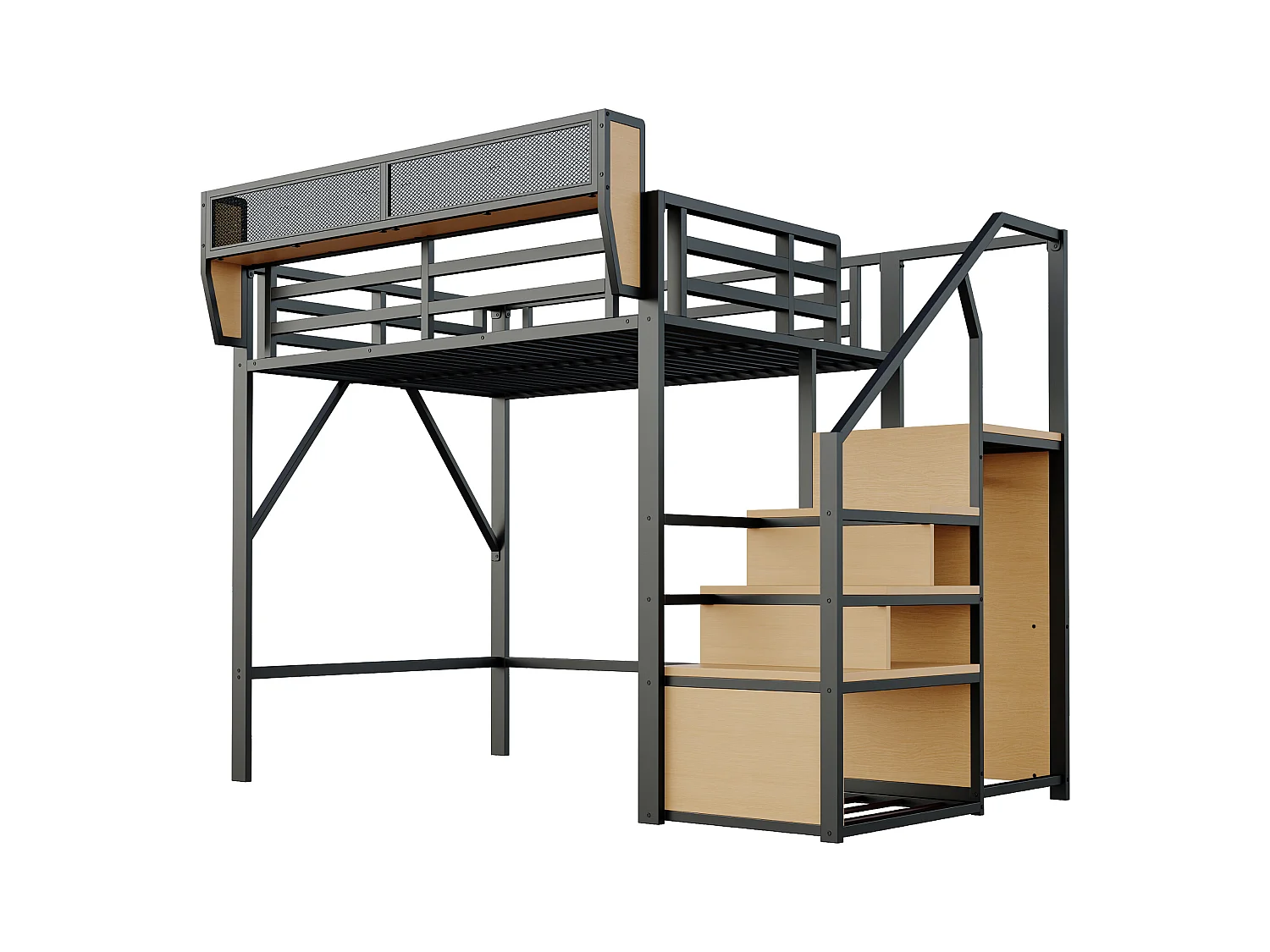 Lit mezzanine pour enfant - 140 x 200 cm - avec escalier de rangement + armoire - MDF + Métal - noir