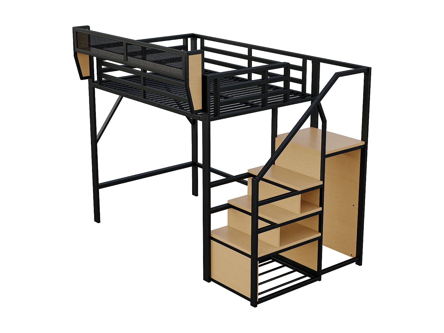 Lit mezzanine pour enfant - 140 x 200 cm - avec escalier de rangement + armoire - MDF + Métal - noir