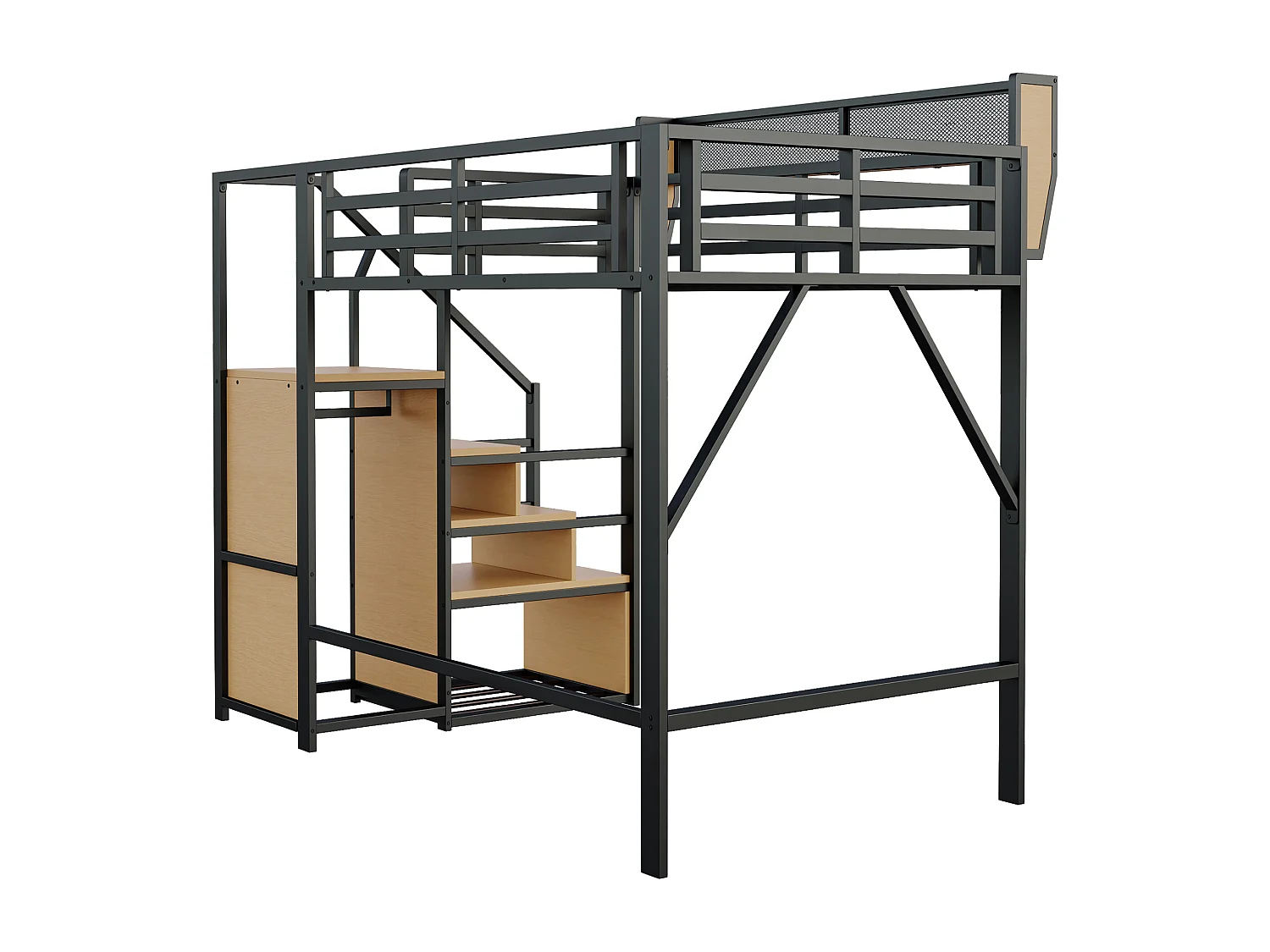 Lit mezzanine pour enfant - 140 x 200 cm - avec escalier de rangement + armoire - MDF + Métal - noir