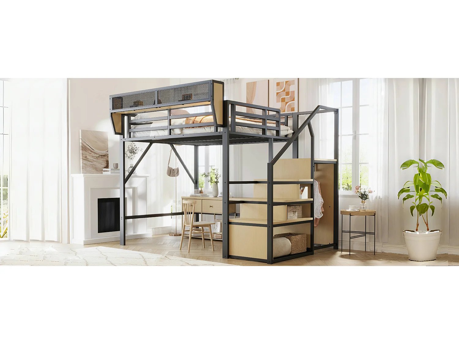 Lit mezzanine pour enfant - 140 x 200 cm - avec escalier de rangement + armoire - MDF + Métal - noir