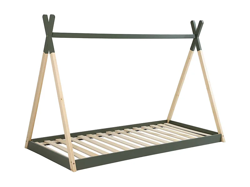 Letto tenda per bambini 190cm pino naturale, base inclusa, verde