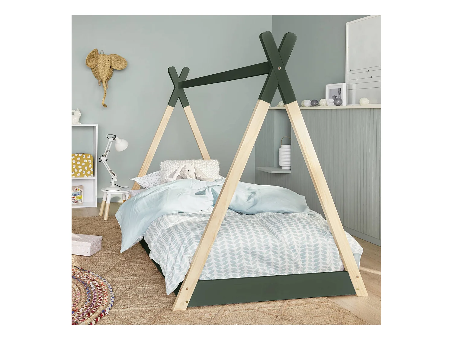 Letto tenda per bambini 190cm pino naturale, base inclusa, verde