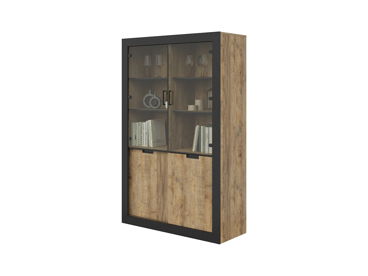 Pack sala de comedor MEUNIER – Vitrina, aparador alto & mesa para 8 pers. Roble Samdal & negro mate