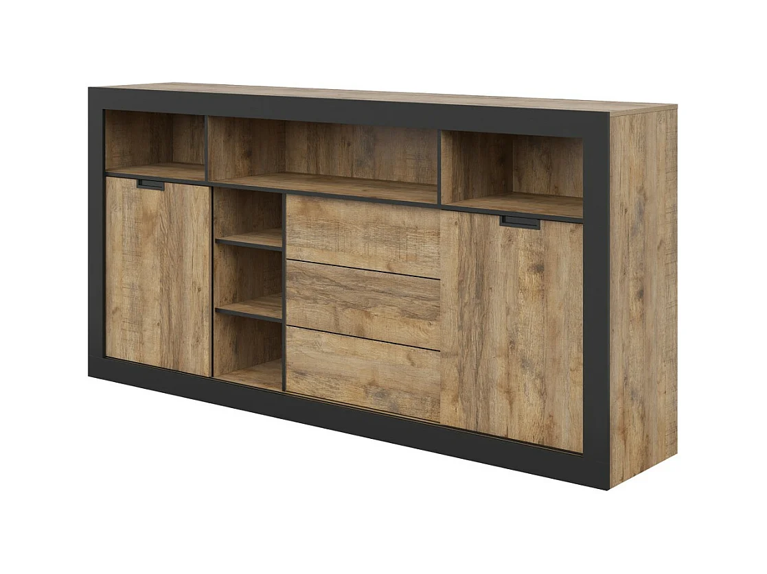 Pack sala de comedor MEUNIER – Vitrina, aparador alto & mesa para 8 pers. Roble Samdal & negro mate