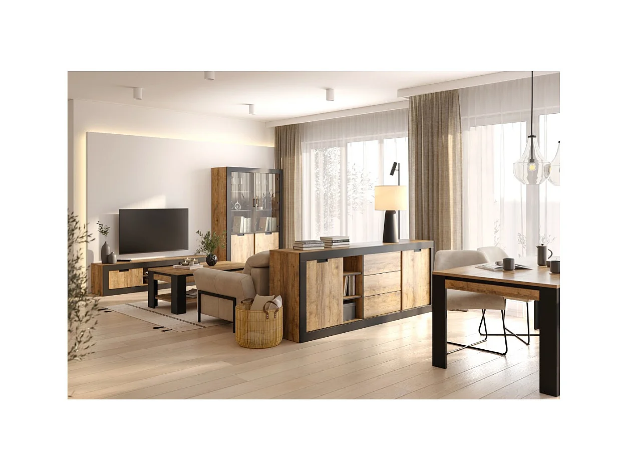 Pack completo salón & comedor MEUNIER – 5 Muebles Loft en Roble Samdal & negro mate