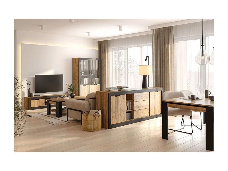 Pack completo salón & comedor MEUNIER – 5 Muebles Loft en Roble Samdal & negro mate