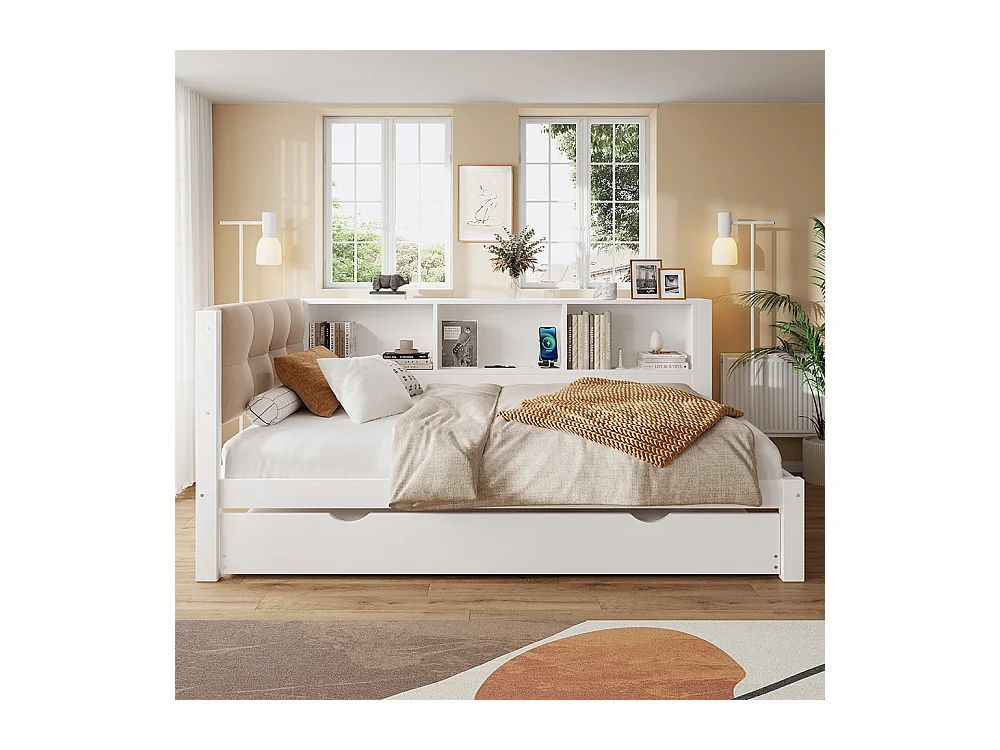 Kinderbett, Schlafsofa 90x200 cm, mit ausziehbarem Bett, dimmbarer LED-Leiste, Regal, USB-Anschluss, Kiefer, weiß.