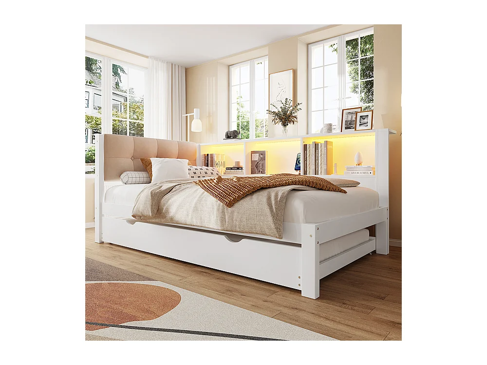 Kinderbett, Schlafsofa 90x200 cm, mit ausziehbarem Bett, dimmbarer LED-Leiste, Regal, USB-Anschluss, Kiefer, weiß.