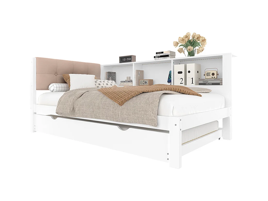 Kinderbett, Schlafsofa 90x200 cm, mit ausziehbarem Bett, dimmbarer LED-Leiste, Regal, USB-Anschluss, Kiefer, weiß.