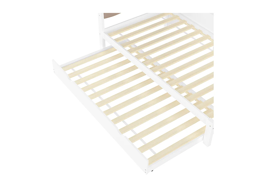 Kinderbett, Schlafsofa 90x200 cm, mit ausziehbarem Bett, dimmbarer LED-Leiste, Regal, USB-Anschluss, Kiefer, weiß.