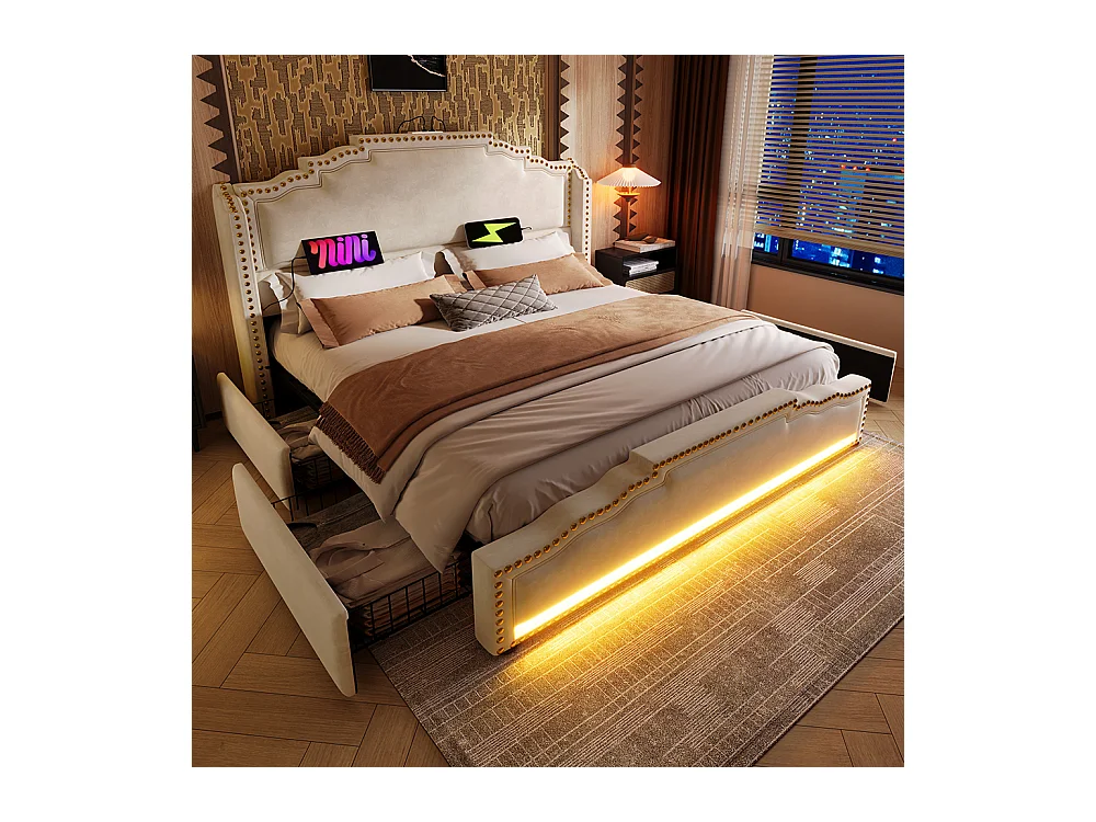 Polsterbett 160×200, mit 4 Schubladen, LED-Beleuchtung und USB-C-Ladeanschluss, Stauraumbett, Samt, beige, ohne Matratze.